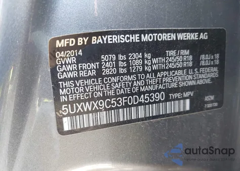 2015 BMW X3 xDrive28I from USA, damaged, VIN 5UXWX9C53F0D45390